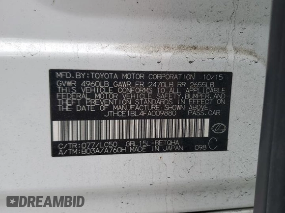 2015 Lexus GS 350 z VIN JTHCE1BL4FA009880, wystawiony jako Copart lot #59073665 z przebiegiem 223 223 mil mil oraz Szkoda całkowita • Salvage title. Historia ofert i sprzedaży dostępna na DreamBid. Obrazek 13.