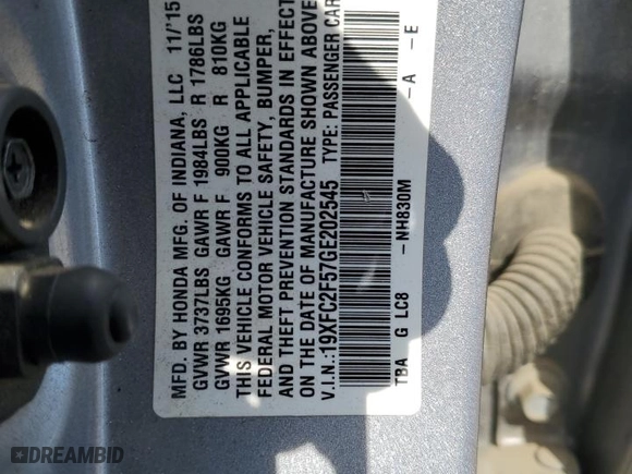 2016 Honda Civic Sedan LX with VIN 19XFC2F57GE202545, listed as a Copart auction lot 53716305 with 206,424 mi miles and Salvage Title. Bid and sale history available at carsss.com. Image 12.