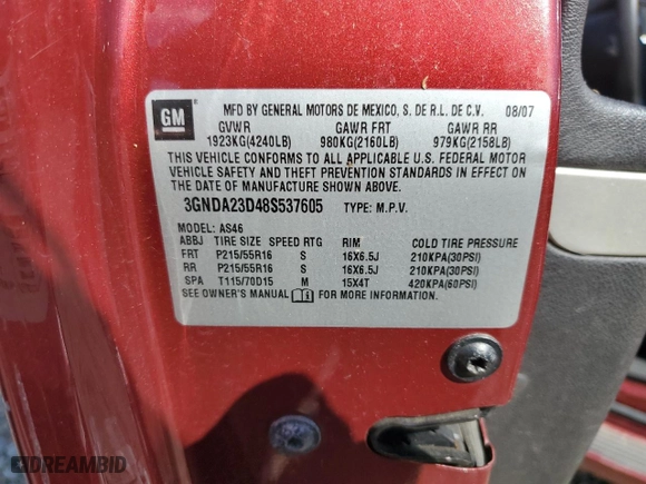 2008 Chevrolet HHR LT with VIN 3GNDA23D48S537605, listed as a Copart auction lot 58851564 with 113,002 mi miles and Salvage Title. Bid and sale history available at carsss.com. Image 13.