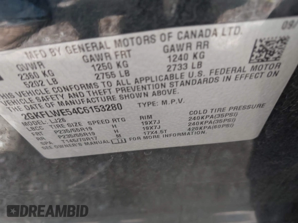 2012 GMC Terrain SLT-2 with VIN 2GKFLWE54C6153280, listed as a IAAI auction lot 42404305 with 143,417 mi miles and . Bid and sale history available at DreamBid. Image 9.