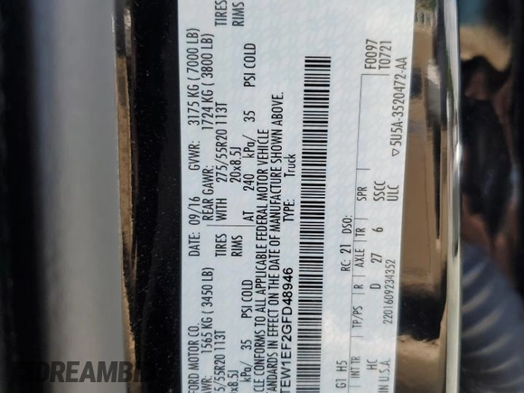 2016 Ford F-150 XLT with VIN 1FTEW1EF2GFD48946, listed as a Copart auction lot 58055625 with 210,368 mi miles and Salvage title. Bid and sale history available at DreamBid. Image 12.