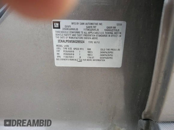 2010 Chevrolet Equinox 2LT with VIN 2CNALPEW0A6286924, listed as a Copart auction lot 53745125 with Not Provided miles and Salvage Title. Bid and sale history available at DreamBid. Image 13.