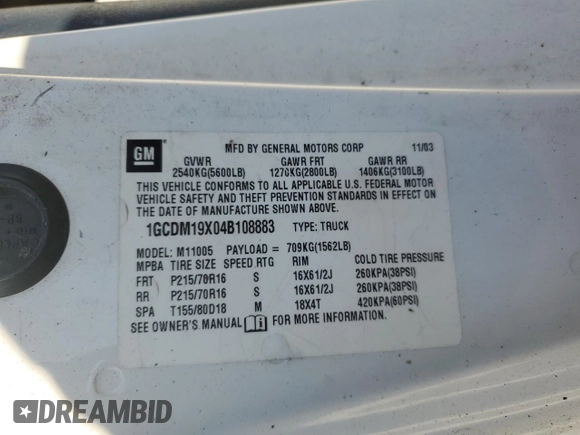2004 Chevrolet Astro Cargo z VIN 1GCDM19X04B108883, wystawiony jako Copart lot #50061715 z przebiegiem Nie podano mil oraz Szkoda całkowita • Salvage title. Historia ofert i sprzedaży dostępna na DreamBid. Obrazek 14.