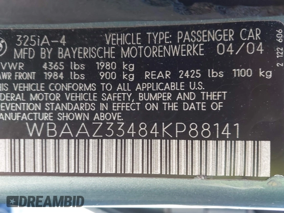 2004 BMW 3 Series 325i with VIN WBAAZ33484KP88141, listed as a IAAI auction lot 42038373 with 275,058 mi miles. Bid and sale history available at carsss.com. Image 9.