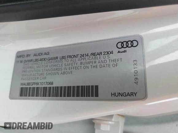 2019 Audi A3 Sedan Premium with VIN WAUBEGFF6K1017068, listed as a Copart auction lot 50922165 with 78,375 mi miles and Salvage Title. Bid and sale history available at carsss.com. Image 12.