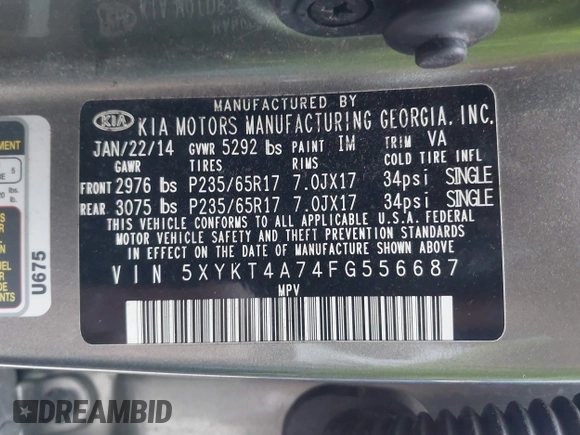 2015 Kia Sorento LX with VIN 5XYKT4A74FG556687, listed as a IAAI auction lot 41914405 with 115,234 mi miles. Bid and sale history available at carsss.com. Image 9.