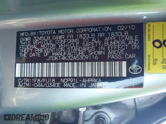 2010 Toyota Yaris with VIN JTDKT4K32A5309116, listed as a IAAI auction lot 41818224 with 189,440 mi miles. Bid and sale history available at carsss.com. Image 9.