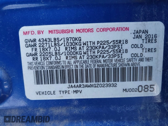 2016 Mitsubishi Outlander Sport 2.4 ES with VIN JA4AR3AWXGZ023932, listed as a IAAI auction lot 41538282 with 98,108 mi miles. Bid and sale history available at carsss.com. Image 9.