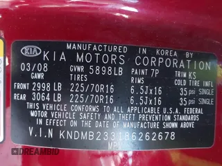 2008 Kia Sedona LX with VIN KNDMB233186262678, listed as a IAAI auction lot 41854128 with 143,829 mi miles. Bid and sale history available at carsss.com. Image 9.