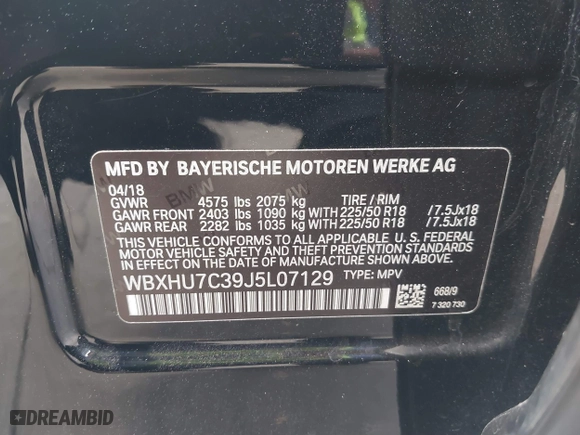 2018 BMW X1 sDrive28i with VIN WBXHU7C39J5L07129, listed as a IAAI auction lot 41472014 with 56,486 mi miles. Bid and sale history available at carsss.com. Image 9.