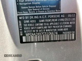 2012 Porsche 911 991 Carrera with VIN WP0AA2A97CS106674, listed as a Copart auction lot 52829135 with Not Provided miles and Salvage Title. Bid and sale history available at DreamBid. Image 12.