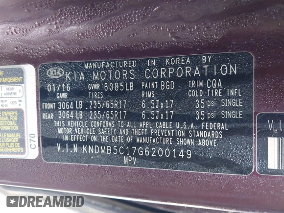 2016 Kia Sedona LX with VIN KNDMB5C17G6200149, listed as a IAAI auction lot 41308309 with 79,457 mi miles and . Bid and sale history available at carsss.com. Image 9.
