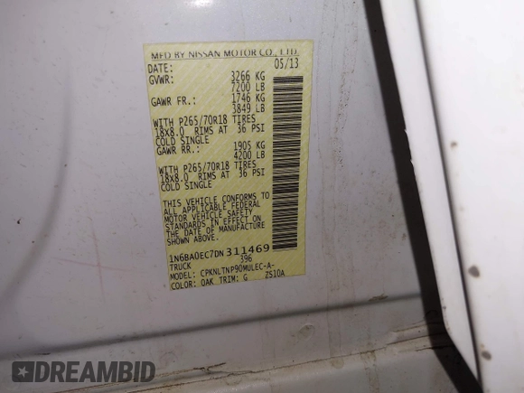 2013 Nissan Titan Pro-4X with VIN 1N6BA0EC7DN311469, listed as a IAAI auction lot 41945284 with 88,225 mi miles and . Bid and sale history available at DreamBid. Image 9.