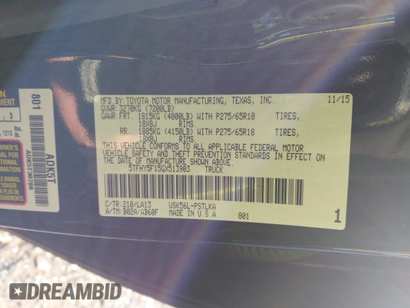 2016 Toyota Tundra 4WD Truck LTD with VIN 5TFHY5F15GX513903, listed as a IAAI auction lot 41844578 with 157,742 mi miles. Bid and sale history available at carsss.com. Image 9.