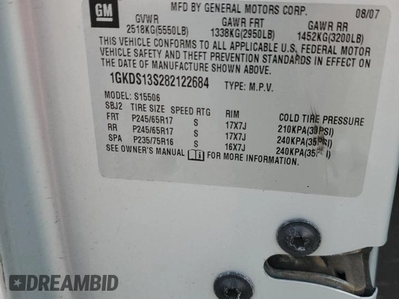 2008 GMC Envoy SLE1 with VIN 1GKDS13S282122684, listed as a Copart auction lot 80488104 with 262,167 mi miles and Salvage Title. Bid and sale history available at DreamBid. Image 12.