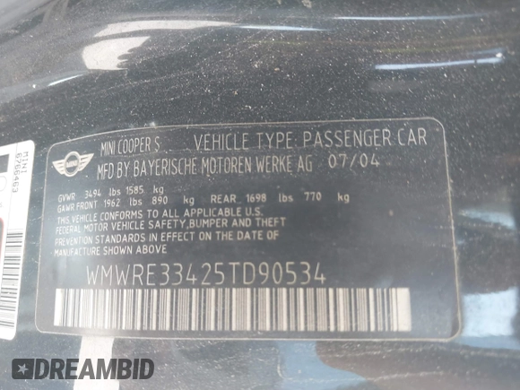2005 MINI Hardtop S with VIN WMWRE33425TD90534, listed as a IAAI auction lot 41687089 with 157,600 mi miles and . Bid and sale history available at DreamBid. Image 9.