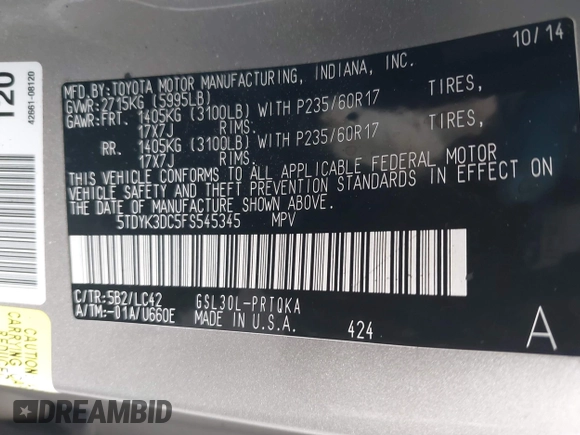 2015 Toyota Sienna XLE with VIN 5TDYK3DC5FS545345, listed as a IAAI auction lot 42280661 with Not provided miles and . Bid and sale history available at DreamBid. Image 9.