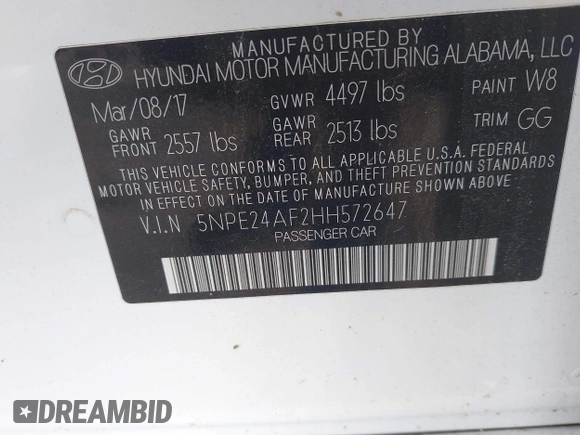 2017 Hyundai Sonata SE with VIN 5NPE24AF2HH572647, listed as a IAAI auction lot 40607675 with 117,259 mi miles and . Bid and sale history available at DreamBid. Image 9.