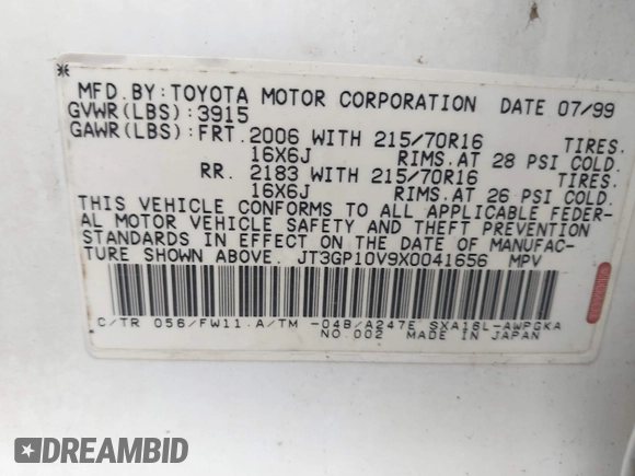 1999 Toyota RAV4 with VIN JT3GP10V9X0041656, listed as a IAAI auction lot 41447012 with 8,845 mi miles and . Bid and sale history available at DreamBid. Image 9.