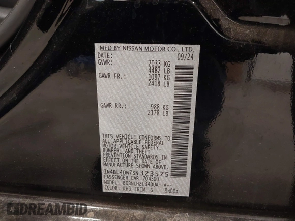 2025 Nissan Altima SV with VIN 1N4BL4DW7SN323575, listed as a IAAI auction lot 41603252 with 5,779 mi miles and . Bid and sale history available at DreamBid. Image 9.