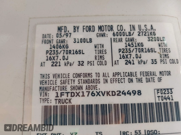 1997 Ford F-150 with VIN 1FTDX176XVKD24498, listed as a IAAI auction lot 42776008 with 191,126 mi miles and . Bid and sale history available at DreamBid. Image 9.
