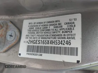 2004 Honda Civic LX with VIN 2HGES165X4H534246, listed as a IAAI auction lot 41921347 with 264,674 mi miles. Bid and sale history available at carsss.com. Image 9.