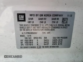 2022 Chevrolet Trax LT with VIN KL7CJPSM4NB569607, listed as a Copart auction lot 58746285 with 77,383 mi miles and Salvage title. Bid and sale history available at DreamBid. Image 12.
