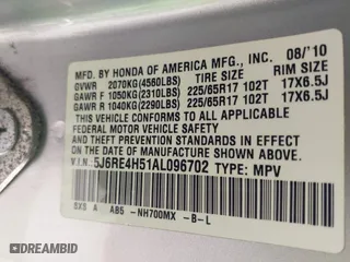 2010 Honda CR-V EX with VIN 5J6RE4H51AL096702, listed as a IAAI auction lot 42046975 with 125,989 mi miles. Bid and sale history available at carsss.com. Image 9.