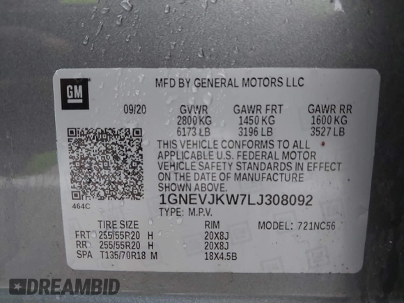 2020 Chevrolet Traverse RS with VIN 1GNEVJKW7LJ308092, listed as a IAAI auction lot 42061333 with 71,743 mi miles and . Bid and sale history available at DreamBid. Image 9.