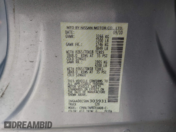 2011 Nissan Titan SL with VIN 1N6AA0EC5BN303931, listed as a IAAI auction lot 41687499 with 243,993 mi miles. Bid and sale history available at carsss.com. Image 9.