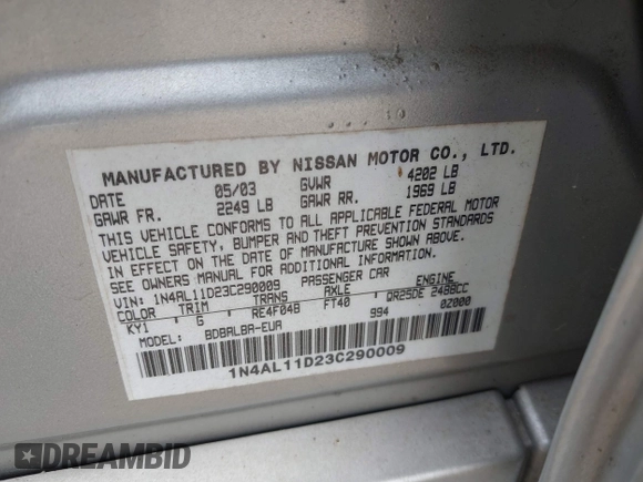 2003 Nissan Altima S with VIN 1N4AL11D23C290009, listed as a IAAI auction lot 41813061 with 247,427 mi miles. Bid and sale history available at carsss.com. Image 9.