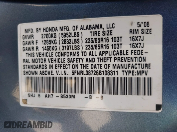 2006 Honda Odyssey EX-L with VIN 5FNRL38726B108311, listed as a IAAI auction lot 42203838 with 205,201 mi miles and . Bid and sale history available at DreamBid. Image 9.