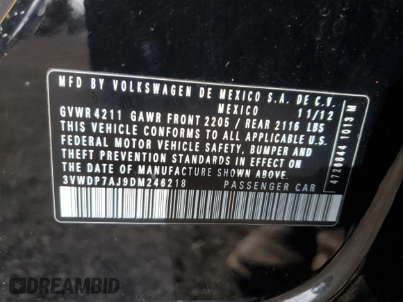 2013 Volkswagen Jetta Sedan SE with VIN 3VWDP7AJ9DM246218, listed as a Copart auction lot 48206015 with 122,874 mi miles and Salvage Title. Bid and sale history available at carsss.com. Image 12.