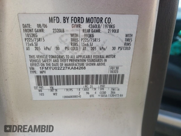 2007 Ford Escape XLS with VIN 1FMYU02Z27KA84268, listed as a Copart auction lot 87313374 with 157,968 mi miles and Non repairable. Bid and sale history available at DreamBid. Image 14.