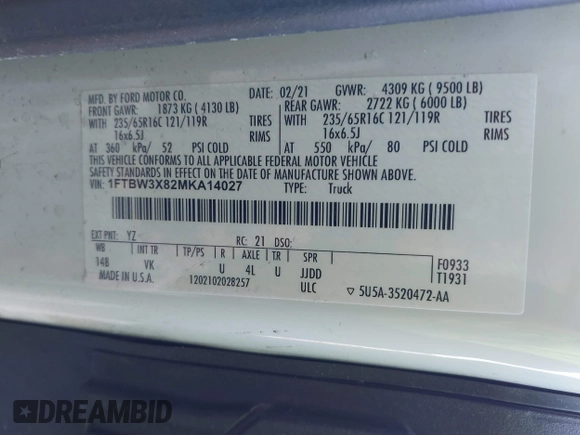 2021 Ford Transit Cargo with VIN 1FTBW3X82MKA14027, listed as a IAAI auction lot 41423524 with 121,221 mi miles. Bid and sale history available at carsss.com. Image 9.