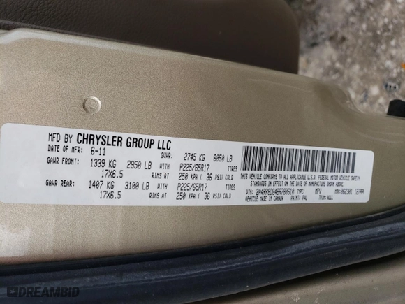 2011 Chrysler Town & Country Touring-L with VIN 2A4RR8DG4BR780610, listed as a Copart auction lot 47166125 with 198,340 mi miles and Salvage Title. Bid and sale history available at carsss.com. Image 13.