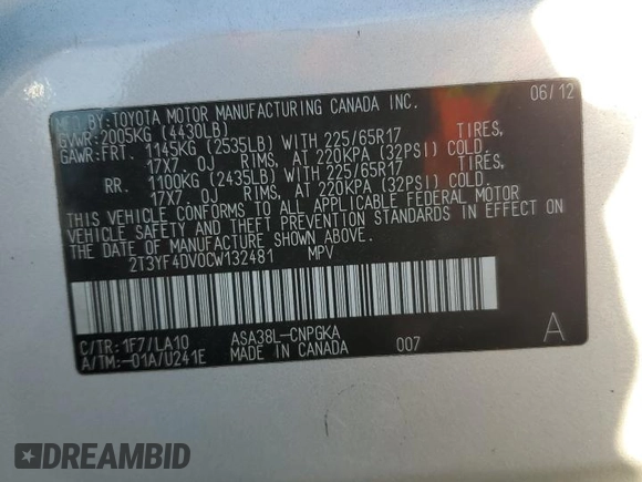 2012 Toyota RAV4 Limited with VIN 2T3YF4DV0CW132481, listed as a Copart auction lot 50187955 with 83,617 mi miles and Salvage Title. Bid and sale history available at carsss.com. Image 14.