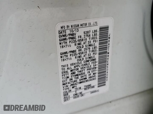 2014 Nissan Murano S with VIN JN8AZ1MW6EW504060, listed as a Copart auction lot 54063455 with 160,296 mi miles and Non Repairable. Bid and sale history available at DreamBid. Image 12.