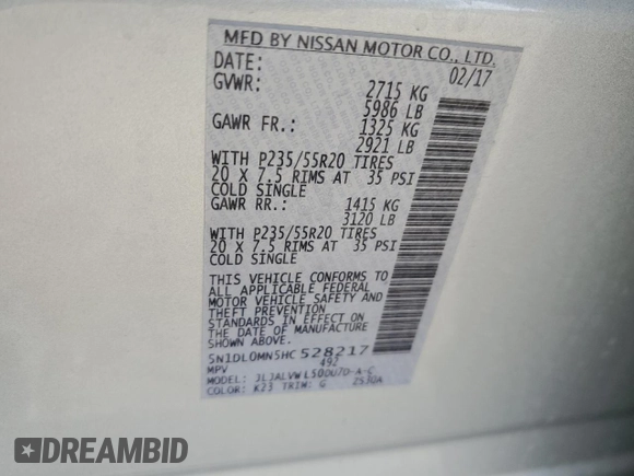 2017 Infiniti QX60 with VIN 5N1DL0MN5HC528217, listed as a Copart auction lot 51787505 with 118,053 mi miles and Salvage Title. Bid and sale history available at DreamBid. Image 15.