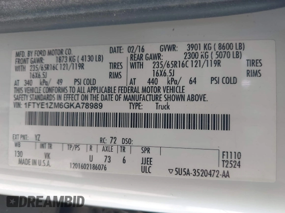 2016 Ford Transit Cargo with VIN 1FTYE1ZM6GKA78989, listed as a IAAI auction lot 41623025 with 126,746 mi miles and . Bid and sale history available at carsss.com. Image 9.