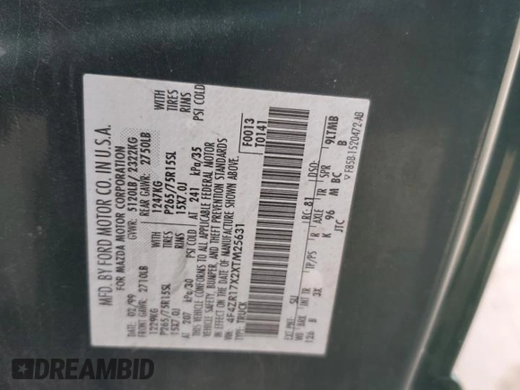 1999 Mazda B-Series Truck SE with VIN 4F4ZR17X2XTM25631, listed as a Copart auction lot 51625715 with 204,134 mi miles and Salvage Title. Bid and sale history available at DreamBid. Image 13.