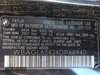 2004 BMW 7 Series 745i with VIN WBAGL63424DP68940, listed as a Copart auction lot 88738565 with 139,822 mi miles and Salvage Title. Bid and sale history available at DreamBid. Image 12.