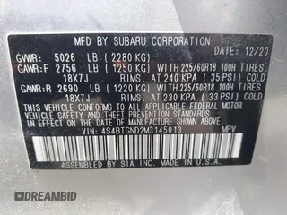2021 Subaru Outback Limited XT with VIN 4S4BTGND2M3145013, listed as a IAAI auction lot 42626040 with 56,189 mi miles and . Bid and sale history available at DreamBid. Image 9.