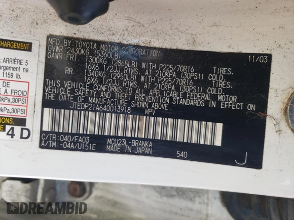 2004 Toyota Highlander z VIN JTEDP21A640013918, wystawiony jako Copart lot #57682565 z przebiegiem 225 495 mil mil oraz Szkoda całkowita • Salvage title. Historia ofert i sprzedaży dostępna na DreamBid. Obrazek 13.
