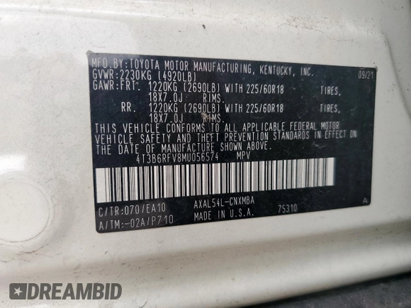 2021 Toyota RAV4 Hybrid LE with VIN 4T3B6RFV8MU056574, listed as a Copart auction lot 56977735 with 19,032 mi miles and Salvage title. Bid and sale history available at DreamBid. Image 12.