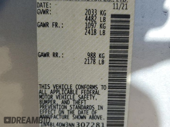 2022 Nissan Altima SV with VIN 1N4BL4DW3NN307281, listed as a Copart auction lot 49174685 with 56,003 mi miles and Salvage Title. Bid and sale history available at DreamBid. Image 12.