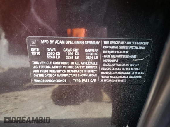 2011 Buick Regal CXL Turbo TO7 с VIN W04G15GV8B1090404, выставлен на аукционе Copart как лот 57268265 с пробегом 214 543 миль миль и Чистый • Clean title. История ставок и продаж доступна на DreamBid. Изображение 12.