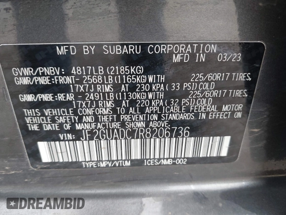 2024 Subaru Crosstrek Premium with VIN JF2GUADC7R8206736, listed as a IAAI auction lot 42424819 with 29,228 mi miles and . Bid and sale history available at DreamBid. Image 9.