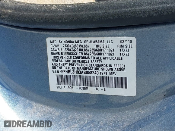 2010 Honda Odyssey Touring with VIN 5FNRL3H93AB058240, listed as a IAAI auction lot 42211192 with 223,859 mi miles and . Bid and sale history available at DreamBid. Image 9.