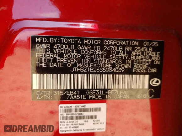 2025 Lexus IS 350 F Sport with VIN JTHBZ1B26S5084039, listed as a Copart auction lot 57502865 with 9,647 mi miles and Salvage title. Bid and sale history available at DreamBid. Image 12.